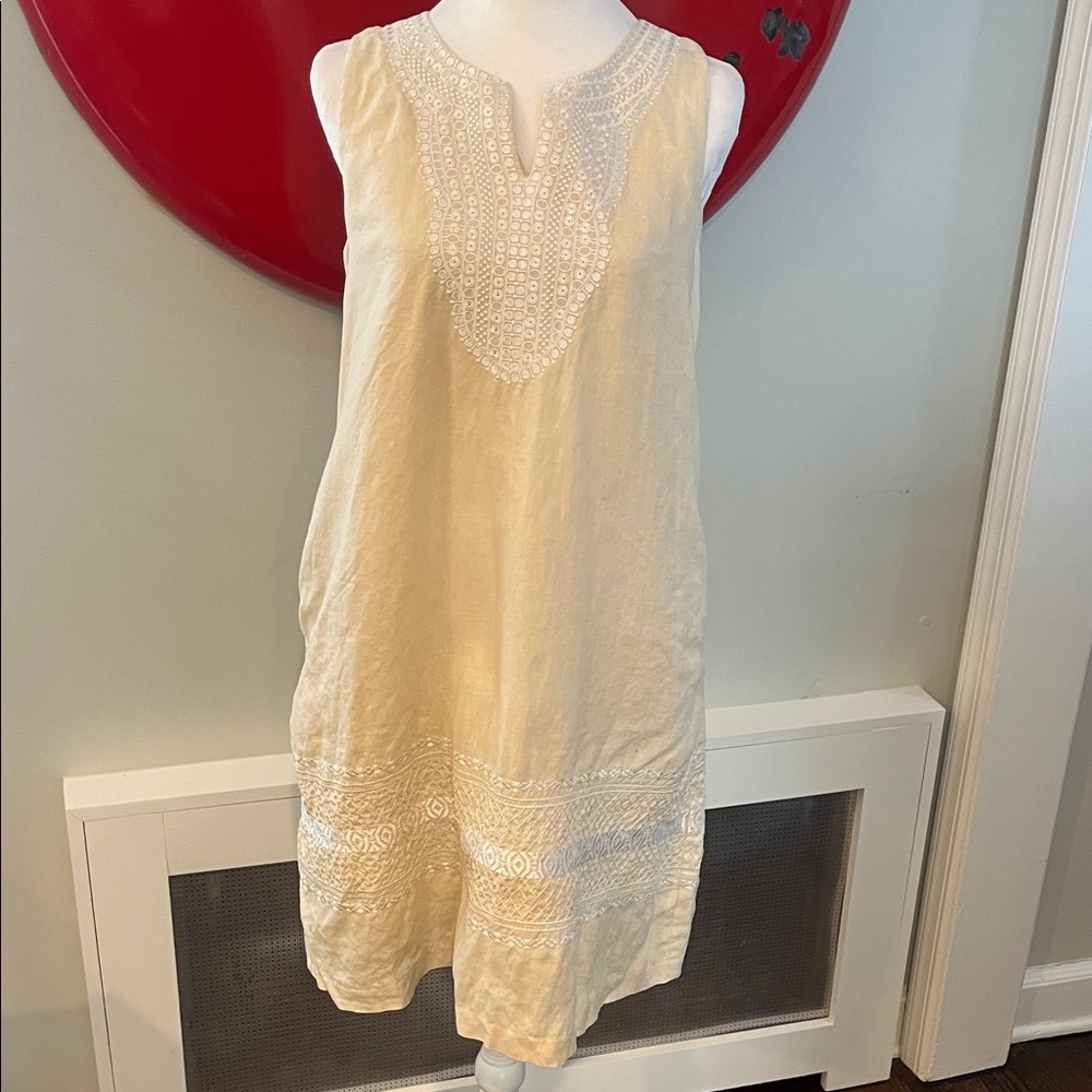 J. McLaughlin Cream Sleeveless Embroidered Linen Shift Tunic Dress, size S